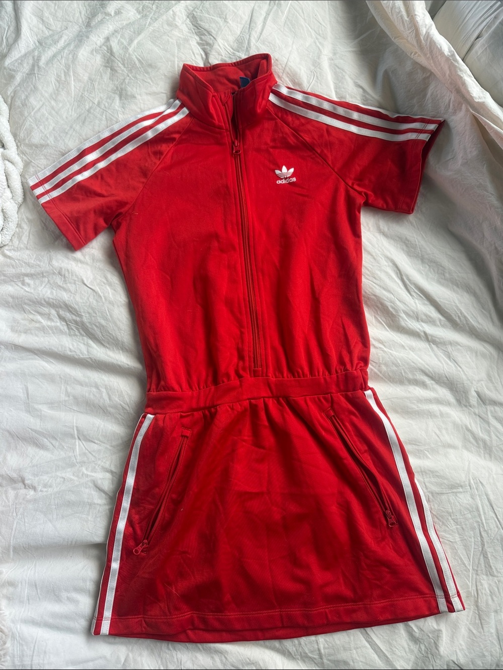 adidas Red Short-Sleeve Zip Front Sport Dress with White Stripes